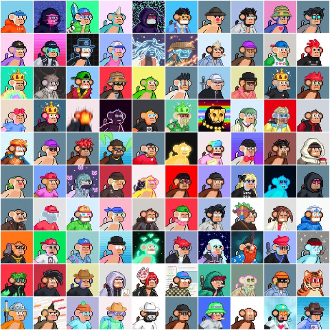 A grid of colorful pixel art avatars depicting various character designs with different hairstyles, accessories, and outfits arranged in rows.