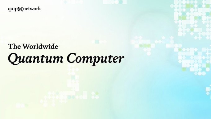 A presentation slide with a soft gradient background displays the 'qupnetwork' logo and text reading 'The Worldwide Quantum Computer' in black serif font, with a faint image of a person and pixelated graphic elements on the right.