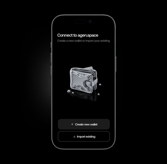 A smartphone displays a "Connect to agen.space" onboarding screen with a 3D metallic wallet illustration and two buttons: "+ Create new wallet" and "↧ Import existing." The image illustrates the post's point about @agendotspace making programmable markets simple, showing the wallet connection step for launching and trading on the platform.