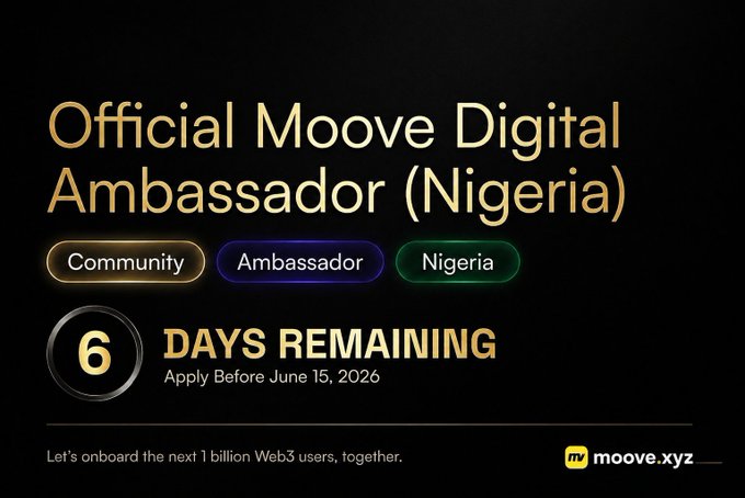 The image features a poster for an online program called "The Window To Join The @moovexyz Ambassador Program Is Closing Fast. Just 6 Days Left. This isn'