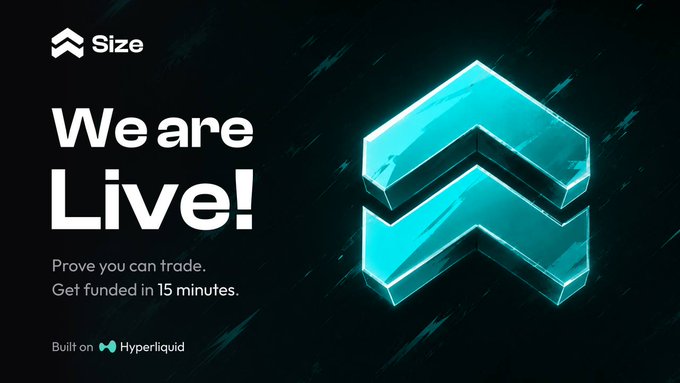 The image is a sleek promotional banner with a dark background featuring "Size" branding and a glowing teal double-chevron logo. Bold text announces "We are Live!" alongside the tagline "Prove you can trade. Get funded in 15 minutes," with a note that it's "Built on Hyperliquid," directly reinforcing the post's announcement of Size's closed alpha launch for next-generation funded trading accounts.