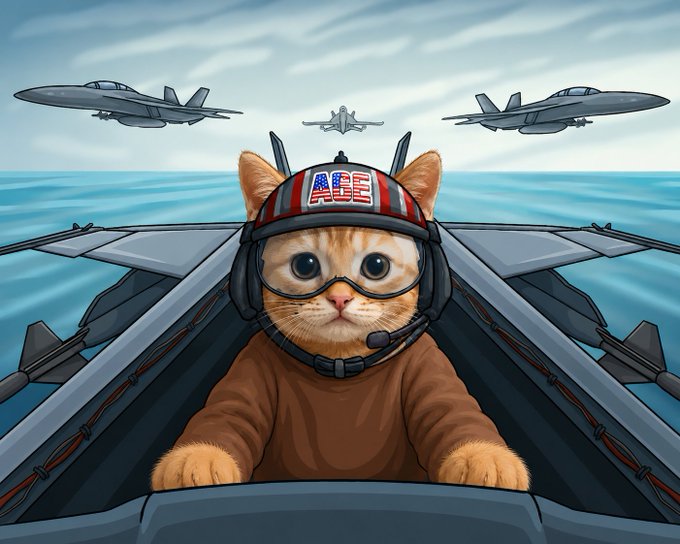 An illustrated orange tabby cat wearing a brown flight suit and a red, white, and blue helmet sits in the cockpit of a fighter jet flying over the ocean, with three other jets visible in the sky.