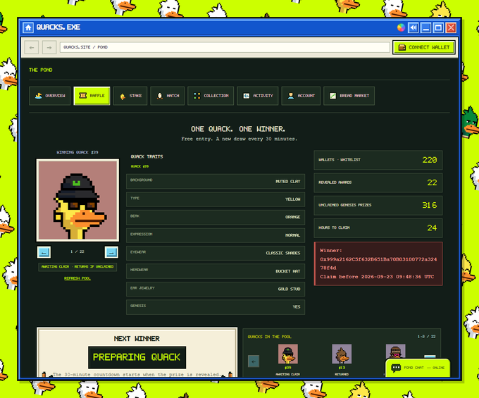 Screenshot of a pixel-art style website called 'QUACKS.EXE' displaying 'THE POND' section with a yellow duck wearing a 'GRIMACE' hat, showing raffle traits like 'Muted Clay', 'Yellow', and 'Grimace', along with a winner's wallet address and a 30-minute draw cycle.