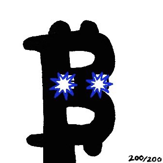 A black silhouette of a Bitcoin symbol with two blue star-shaped eyes and a small "200/200" in the corner.
