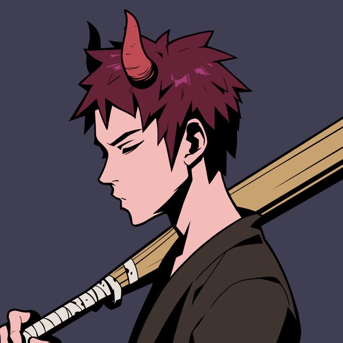 An anime-style illustration of a character with red hair, a single red horn, and a dark outfit, shown in profile carrying a sword with a wrapped handle on their back.