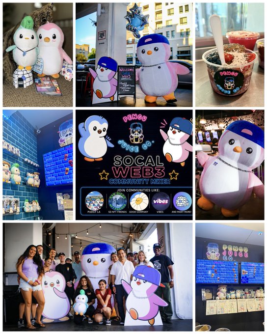 A collage of images from a 'SOCAL WEB3 COMMUNITY MIXER' event featuring penguin mascots in blue caps, branded merchandise, neon signage, community members, and food items from sponsors like Vibes, Fungi Fam, and Good Cookie.