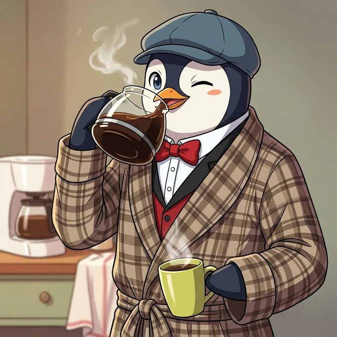 An anime-style penguin wearing a flat cap, plaid robe, and red bow tie winks while drinking coffee from a glass carafe, with a steaming green mug in its other hand.