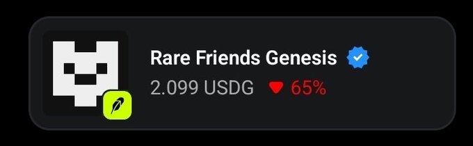 A dark interface widget showing a pixel skull avatar with a green leaf badge, labeled "Rare Friends Genesis" with a verified checkmark, priced at "2.099 USDG" with a 65% drop indicated by a red heart.