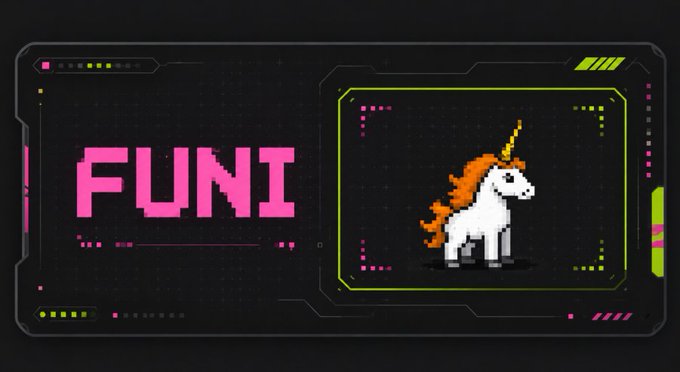 A retro-futuristic digital dashboard displays the pink pixelated text "FUNI" alongside a pixel-art white unicorn with an orange mane, visually representing the project's branding and its fusion of meme culture with digital technology. The image captures the essence of the FUNI project's innovative use of DN404 mechanics, which uniquely bundles tokens and NFTs into a single asset on the Robinhood Chain.