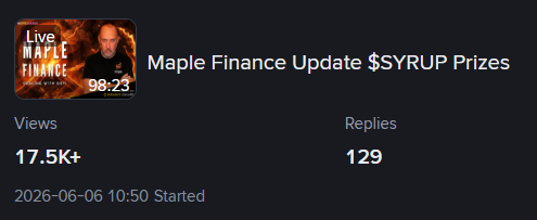 The image shows a post about Maple Finance updates that has been shared by a user named @maplefinance. The post includes information about Maple Finance updates, such as a video of a man talking about maple syrup, and details about the prizes for the Maple Finance update. The post also mentions that there are replies to the post, indicating that people have watched it or left comments. The image does not contain any text or other objects, so its main focus is on the content related to the Maple Finance updates.