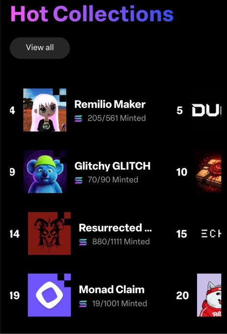 A screenshot of a "Hot Collections" ranking on LaunchMyNFT shows Remilio Maker at #4 with 205/561 minted, alongside other trending NFTs including Glitchy GLITCH (#9), Resurrected (#14), and Monad Claim (#19). The post highlights Remilio Maker's Top 4 placement, corresponding directly to its #4 ranking visible in the image.