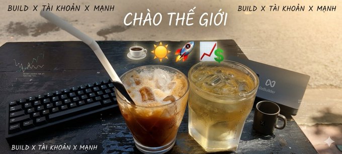 Vietnamese-language image showing iced coffee drinks on a table with a keyboard and MetaMask wallet, captioned 'CHÀO THẾ GIỚI' and 'BUILD X TÀI KHOẢN X MẠNH'.