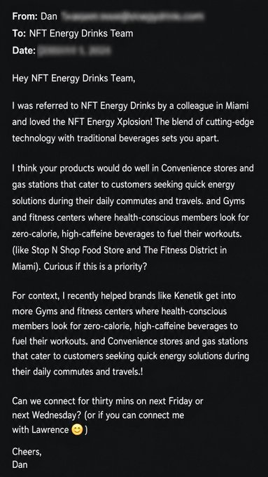 Email from "Dan" to "NFT Energy Drinks Team" pitching placement of their products in Miami convenience stores and gyms like N Shop Food Store and The Fitness District.