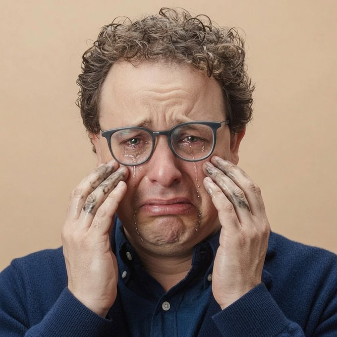 A man with curly hair and glasses has mud applied to his face and hands, with tears streaming down his cheeks in an exaggerated display of distress.