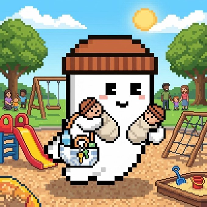A pixel art illustration depicts a cute anthropomorphic sushi character wearing a hat and carrying two smaller sushi figures in a playground setting, with families enjoying the park.