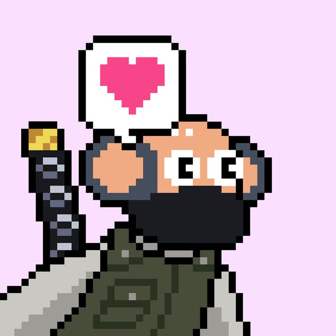 A pixel art illustration of a bearded man with glasses holding a gray cat on his shoulder, with a pink heart-in-chat-bubble thought bubble above him against a light pink background.