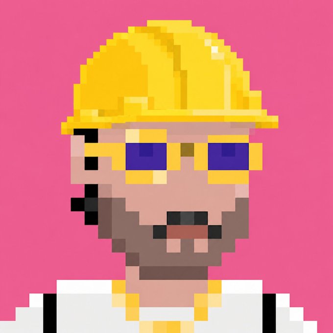 A pixel art character sports a yellow hardhat and dark sunglasses, channeling a rugged, security-conscious miner look. The bold styling fits the post's theme of miners taking hardhat—and by extension, security—very seriously, with a tongue-in-cheek nod to being "quantum-secure."