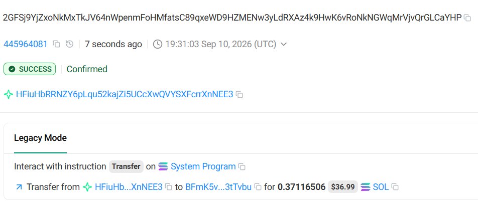 A Solana blockchain explorer screenshot showing a confirmed "SUCCESS" transaction transferring 0.37116506 SOL ($36.99) from the sender's wallet (ending in XnNEE3) to a recipient wallet (BFmK5v...3tTvbu), timestamped September 10, 2026. This appears to be the prize transfer referenced in the post, with the SOL being sent from the Worldcoin (WLD) ecosystem to the PebblesSol wallet.