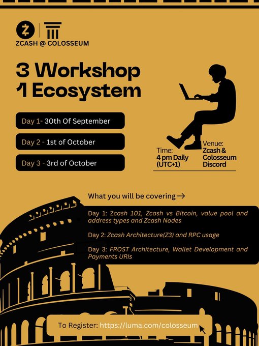 A yellow promotional poster for "ZCASH @ COLOSSEUM" advertises a 3-day workshop series (September 30 - October 3) covering Zcash 101, Zcash Architecture, and FROST Architecture, with registration via luma.com/colosseum. The post highlights that these three Zcash workshops will be livestreamed on Colosseum's Discord for Crypto World's Fair.