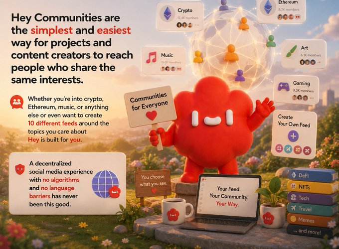 A promotional graphic for 'Hey Communities' features a red mascot character and text describing it as a decentralized social media experience for projects in categories like Crypto, Ethereum, Music, Art, Gaming, DeFi, NFTs, Tech, Travel, and Memes.