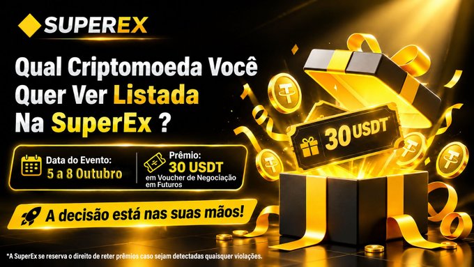A promotional banner in Portuguese for 'SUPEREX' asking 'Qual Criptomoeda Você Quer Ver Listada Na SuperEx?' with event dates '5 a 8 Outubro' and a prize of '30 USDT em Voucher de Negociação em Futuros'.