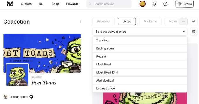 An NFT marketplace interface displays a collection called 'Poet Toads' with a pixel-art logo, while a sort dropdown menu is open showing options like 'Trending', 'Ending soon', 'Recent', 'Most liked', 'Alphabetical', and 'Lowest price'.