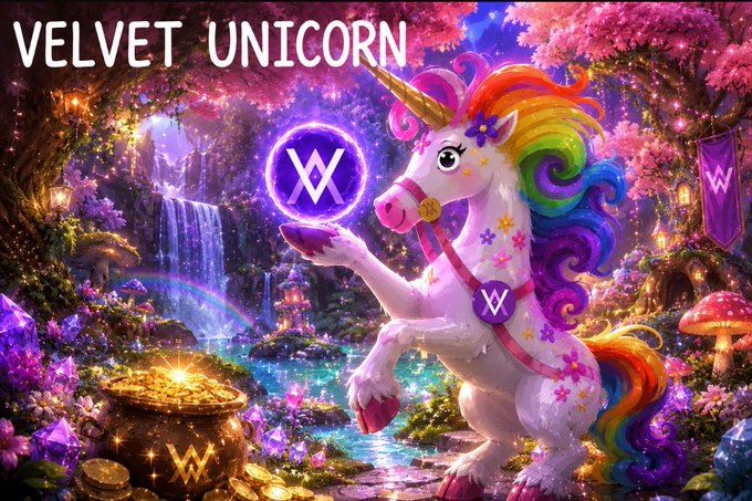 A vibrant, fantasy-style illustration titled 'VELVET UNICORN' featuring a white unicorn with a rainbow mane holding a glowing purple orb marked with a 'W' logo, set in a magical forest with waterfalls, cherry blossoms, and a pot of gold coins.