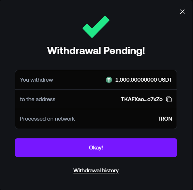 A confirmation screen displays "Withdrawal Pending!" for a withdrawal of 1,000 USDT to the address TKAFXao...o7xZo on the TRON network, with an "Okay!" button to close. The image appears to show the post author's successful crypto donation toward Eva's Spinraza treatment, directing RuslanK852287 to check his USDT wallet to confirm receipt of the funds.