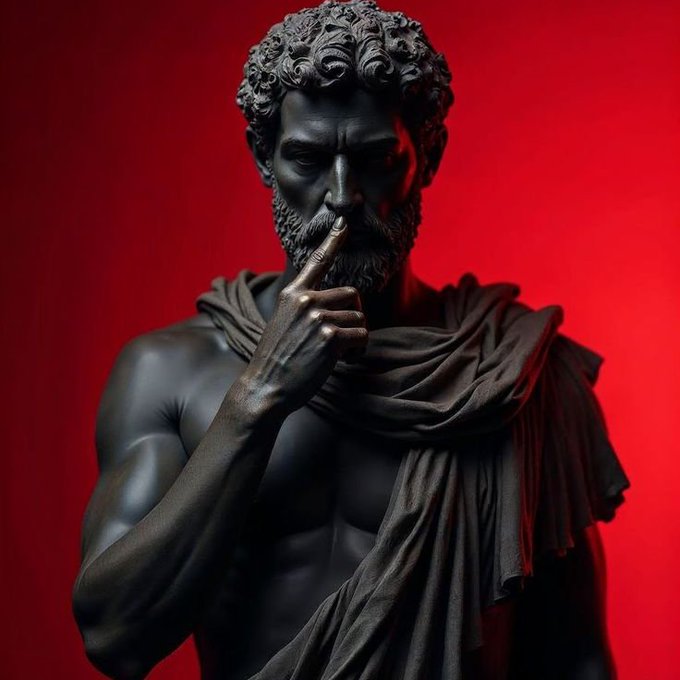 A dark statue of a bearded man in classical robes with his finger to his lips in a 'shh' gesture, set against a dramatic red background.
