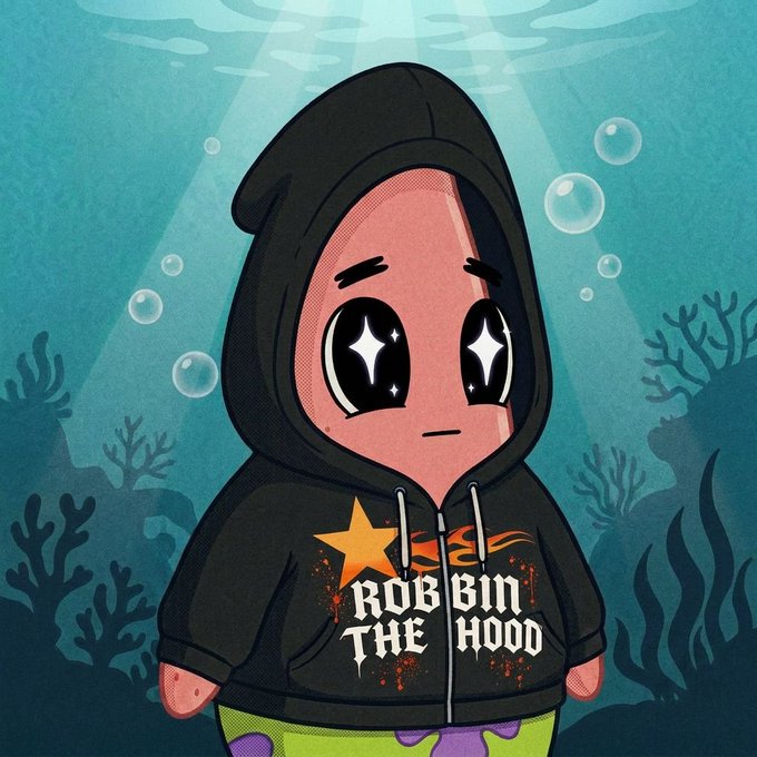 A cartoon illustration of a small pink character in a black hoodie with 'ROBBIN THE HOOD' text, depicted underwater among coral and bubbles.