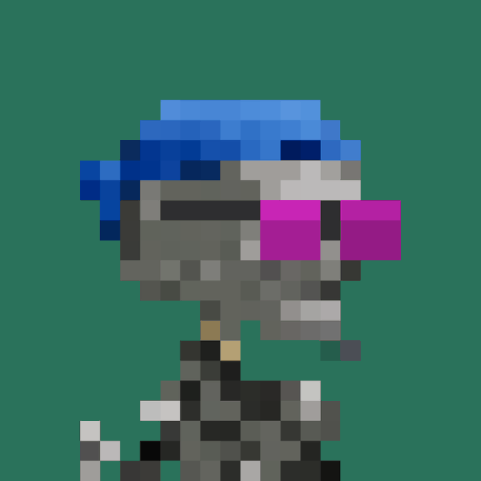 Pixel art of a character wearing a blue cap and pink/magenta sunglasses on a teal background.