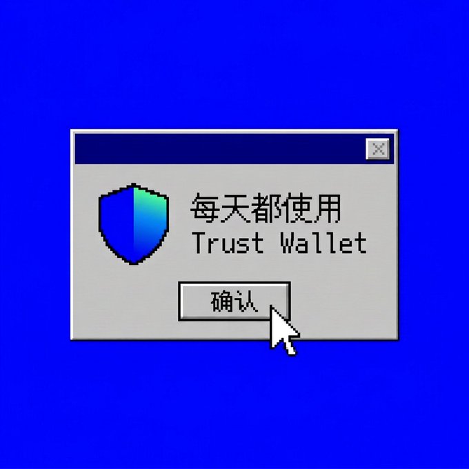 A retro Windows-style dialog box on a blue background with a shield icon and text reading '每天都使用 Trust Wallet' (Use Trust Wallet every day) with a '确认' (Confirm) button being clicked.
