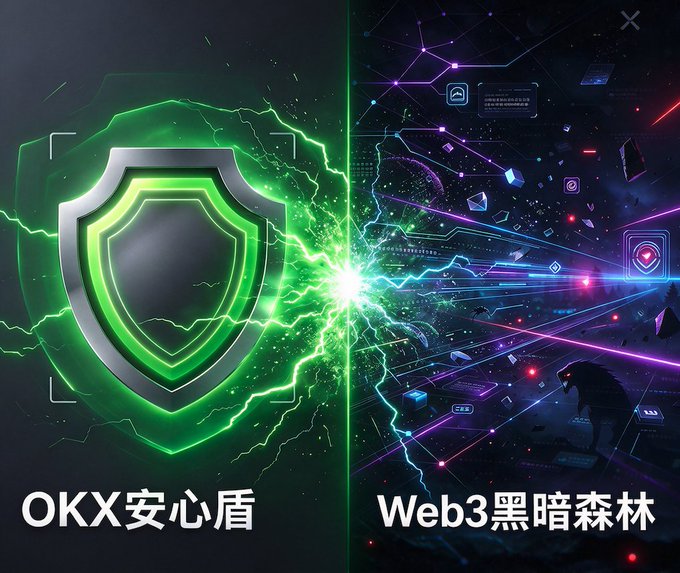 Split graphic with a green glowing shield labeled 'OKX安心盾' on the left and a dark cyber-themed illustration labeled 'Web3黑暗森林' on the right.