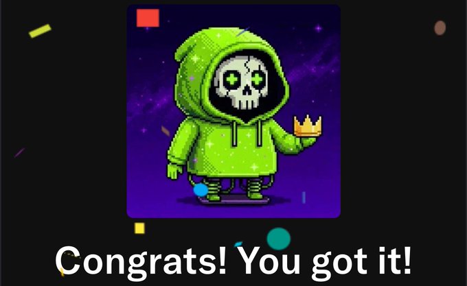A pixel art character with a skull face wearing a green hoodie holds a golden crown against a purple starry background, with the text "Congrats! You got it!" displayed below, celebrating the user's successful mint of a Pixel Hood mini NFT from the Pixelord collection.
