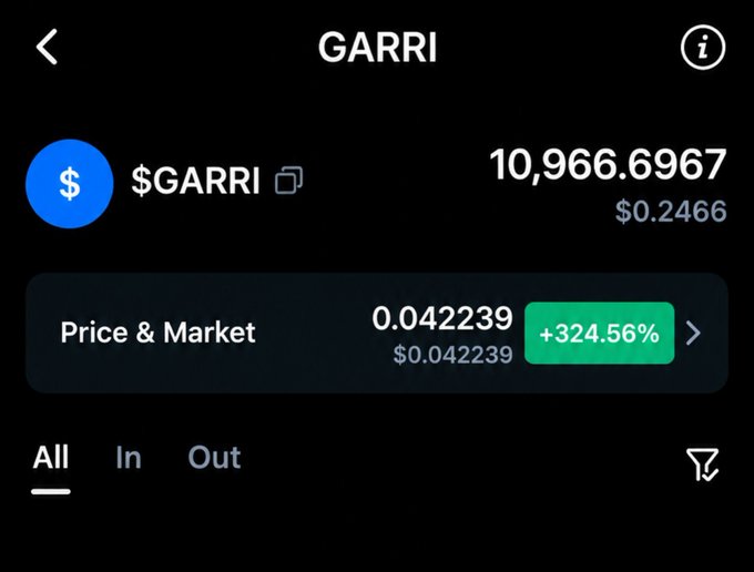A screenshot of a wallet showing holdings of 10,966.6967 $GARRI tokens valued at $0.2466 each, with the token up 324.56% to $0.042239. The image visualizes the post's claim of holding 10K $GARRI launched by @degenBRO__, highlighting both the substantial token amount and the impressive price gain.