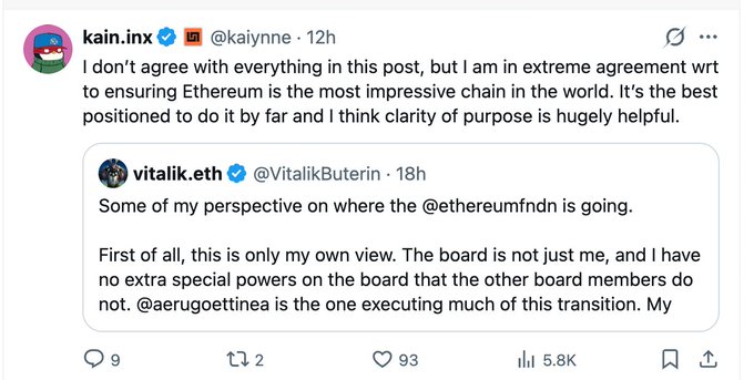 urn:kaininx;user:KaiinX;postid:1234;author:Vitalik Buterin;text:I don't agree with everything in this post, but I am in extreme agreement with the most impressive chain in the world. It's the best positionned to do it far and think clarity of purpose is hugely helpful.