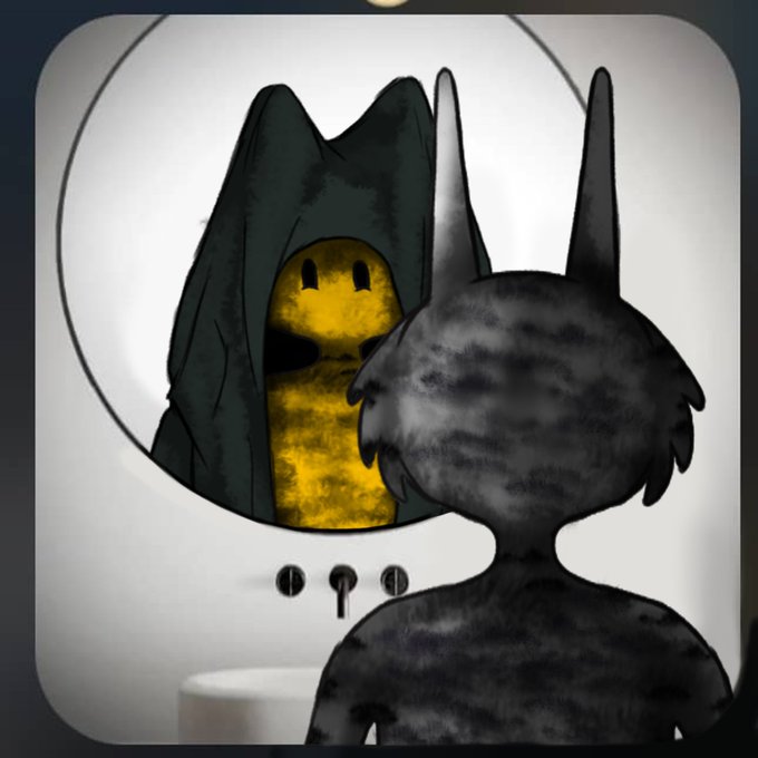 An illustrated scene of a dark figure with rabbit-like ears looking into a bathroom mirror, where a different, yellow-cloaked character is reflected.