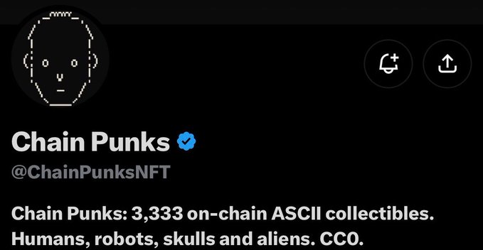 A social media profile for 'Chain Punks @ChainPunksNFT' describing itself as '3,333 on-chain ASCII collectibles. Humans, robots, skulls and aliens. CC0.' with a pixel-art logo.