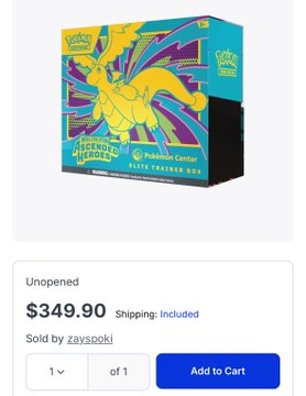 A product listing for an unopened 'Legends Arceus' Pokémon Center Elite Trainer Box priced at $349.90, sold by 'zaysokki'.