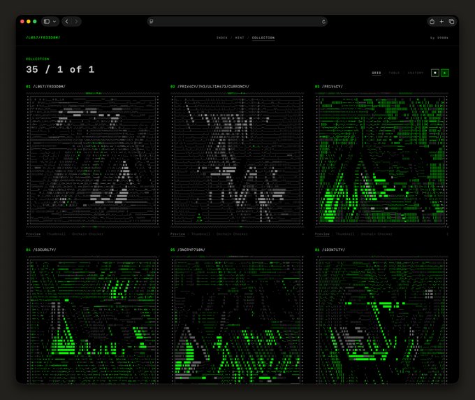 A dark, matrix-style digital artwork page displays six green ASCII-art panels under the “/L057/FR33D0M/” collection, with “COLLECTION 35 / 1 of 1” and numeric artwork tickers visible. It previews the on-chain generative artwork ahead of the link for tomorrow morning’s /L057/FR33D0M/ mint.