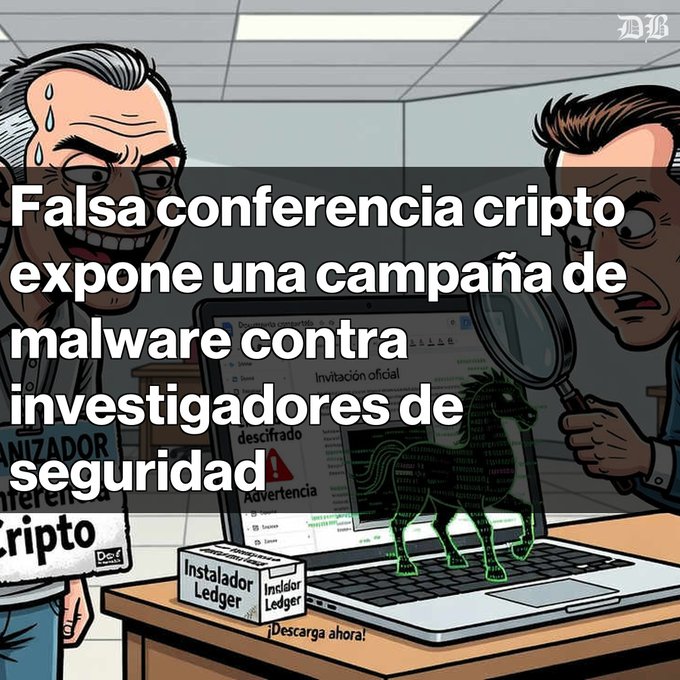 A Spanish-language cartoon illustration with text reading 'Falsa conferencia cripto expone una campaña de malware contra investigadores de seguridad,' depicting characters investigating a fake crypto conference invitation infecting a laptop with a Trojan.