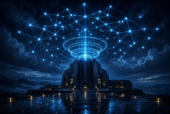 A digital artwork depicting a dark, futuristic tower emitting a bright blue dome of light and a constellation of connected, glowing nodes into a starry night sky.