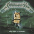 A pixelated Shiba Inu dog wearing a blue hoodie and headphones stands beneath the "Metallica Ride the Lightning" album artwork, with the text "RIDE THE LIGHTNING" displayed below, echoing the post's "Ride It Out. $DOGE" message as a resilient nod to holding through crypto market volatility.