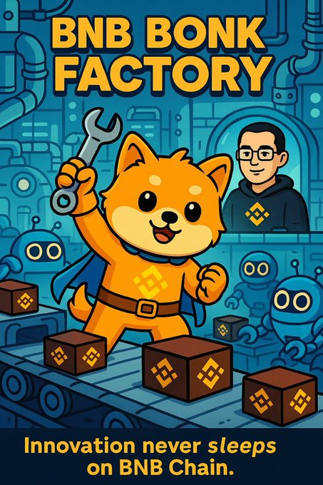 A cartoon-style promotional image titled 'BNB BONK FACTORY' showing an orange dog character with a wrench in a cape, alongside BNB-branded boxes, with the tagline 'Innovation never sleeps on BNB Chain.'