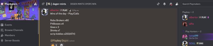 A Discord server screenshot for 'degen-mints' showing a 'Wins of the day - Play/Calls' channel with lists including Robo Brokers x80, PitBosses x4, Gwa x3, Shrinka x7, and scorp kiddies x200(X41).