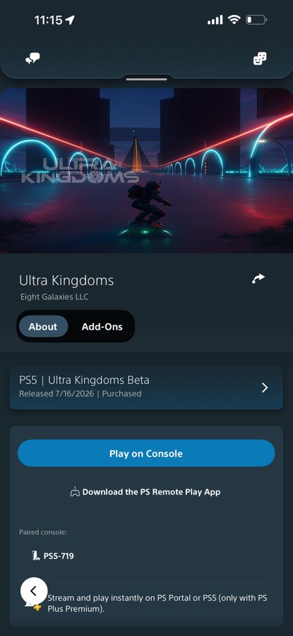 A mobile app screenshot showing the PlayStation Store page for 'Ultra Kingdoms' by Eight Galaxies LLC, a PS5 beta released 7/16/2026 with a 'Play on Console' button.