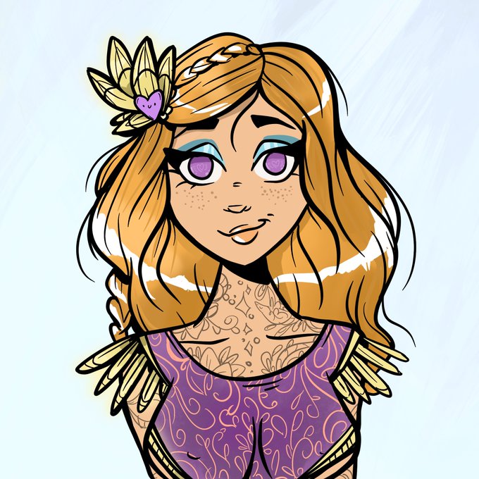 A digital illustration of a young girl with orange hair, purple eyes, freckles, and a gold leaf and heart hair accessory, wearing a purple patterned top.