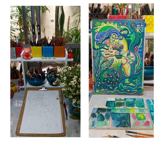 A side-by-side image showing an artist's workspace: on the left, a pencil sketch on a clipboard surrounded by colored pencils and flowers; on the right, the completed colorful watercolor painting of a figure embracing nature, with a paint palette below.