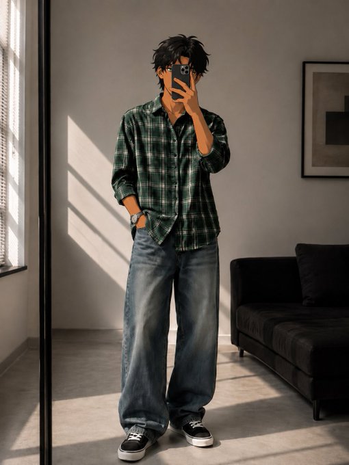 An illustrated/AI-rendered mirror selfie of a person with black hair wearing a green plaid shirt, baggy jeans, and black sneakers in a modern living room.