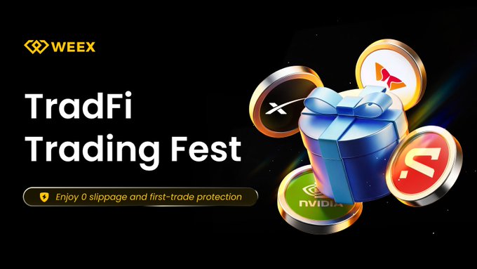 A promotional banner for WEEX's "TradFi Trading Fest" features a blue gift box surrounded by floating coins representing TradFi assets (XRP, Tron, NVIDIA, and an Ethereum-style logo), with text highlighting benefits including 0 slippage and first-trade protection, scheduled to run from 07/27 to 08/10 (UTC+8).